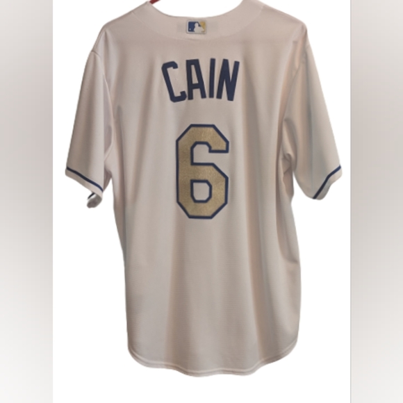 EUC Royals World Series 2015 white blue and gold Lorenzo Cain button down jersey - Picture 2 of 6